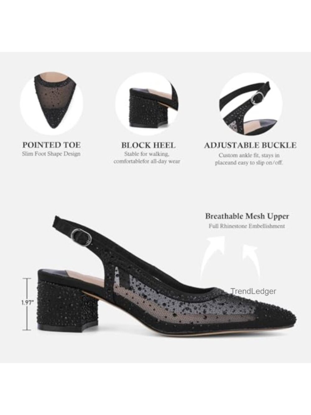 Mesh Slingback Block Heels Pointed Toe Rhinestone Pumps - Picture 5 of 6